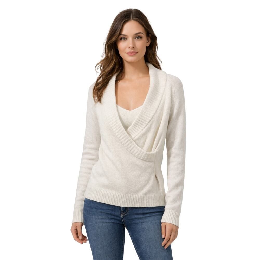ETT:TWA/ANTHROPOLOGIE Women's Tessa Faux Wrap Sweater Cream Size Small